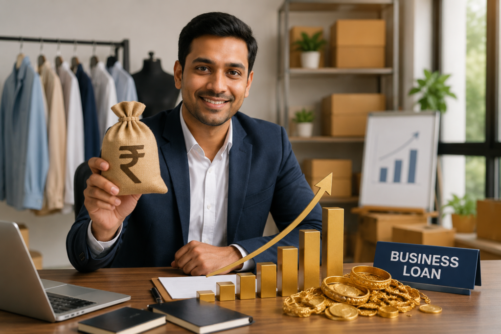 Small business owner showcasing financial growth with gold-backed business funding in a modern office setting.