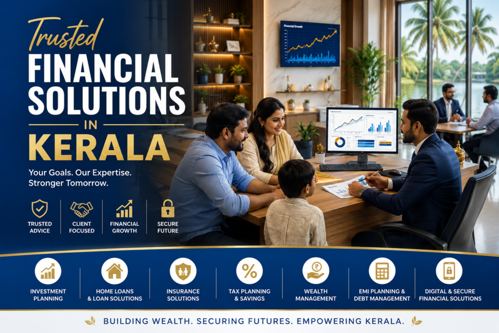 Trusted Financial Solutions in Kerala – professional financial advisors discussing investment planning, loans, insurance, tax savings, wealth management, and secure digital financial services with clients inside a modern Kerala consultancy office.
