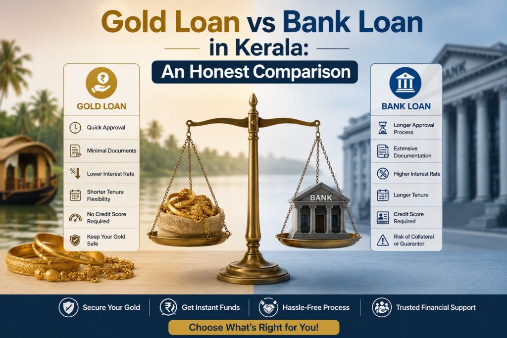 Gold Loan vs Bank Loan in Kerala comparison showing the key differences in approval time, documentation, interest rates, and loan flexibility.