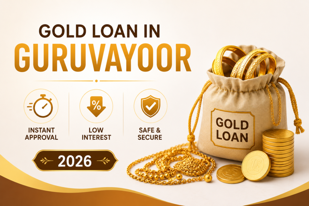 Professional gold loan promotional banner featuring gold jewellery, gold coins, and a secure loan concept with instant approval and low interest highlights.